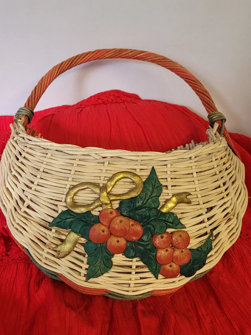 Woven Decorative Wicker Hanging Basket with Red Berry Accents